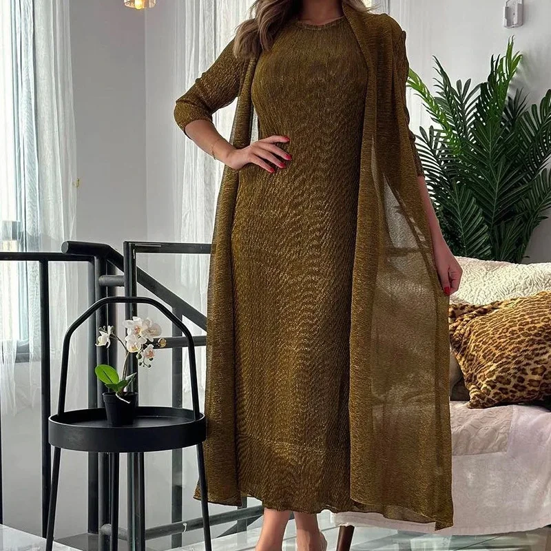 Damenkleider Mode 2024 Plissierte Kleidung Damen 2-teiliges Outfit Zweiteilige Sets Metallische Stoffe Lässige lange Kleider 1