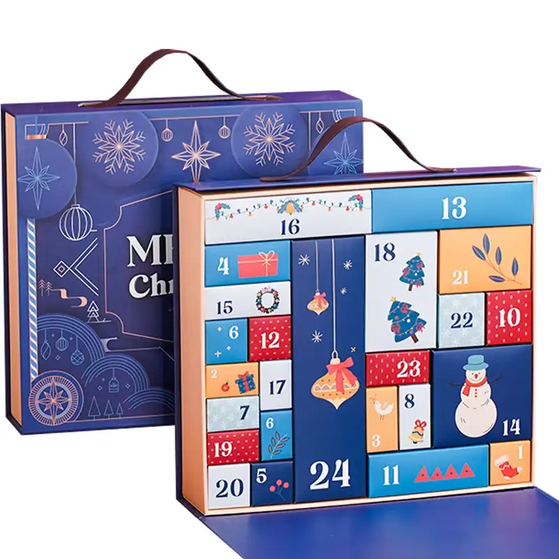 علبة هدايا من الورق المقوى المموج القابل لإعادة التدوير، مزودة بتقويم عيد الميلاد، مع مقبض، عد تنازلي لمدة 24 يومًا، عبوة ورقية قابلة للتخصيص 1