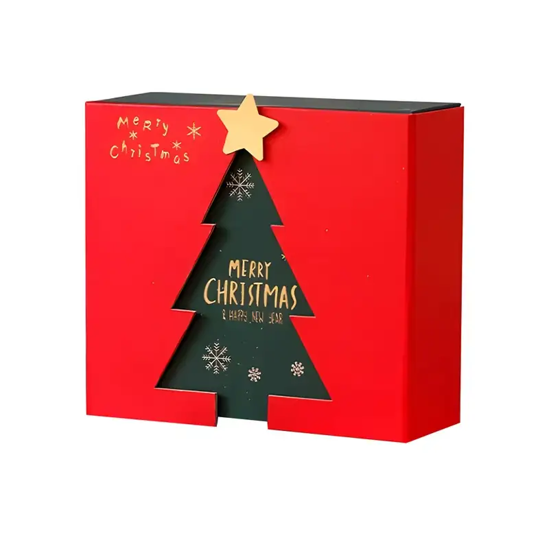 Clamshell Type Xmas Tree Pattern Paper Boxes Customizable Luxury Red Big Christmas Gift Box with Matt Lamination and Embossing 1
