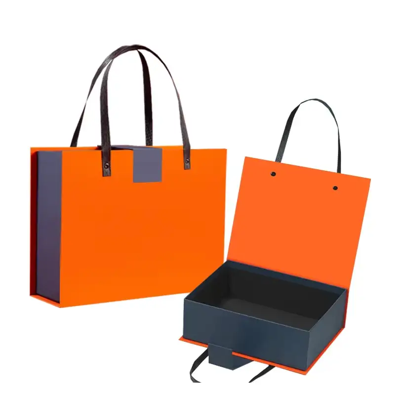 Boîte cadeau de luxe portable avec fermeture magnétique, logo personnalisé orange et poignée 1