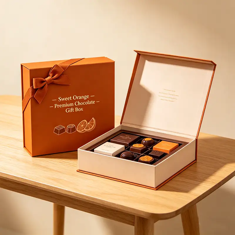 Orange Heaven Recyclable Corrugated Board Square Earth Cover Packing Boxes for Chocolates Wholesale Gift Pack with Ribbon 1