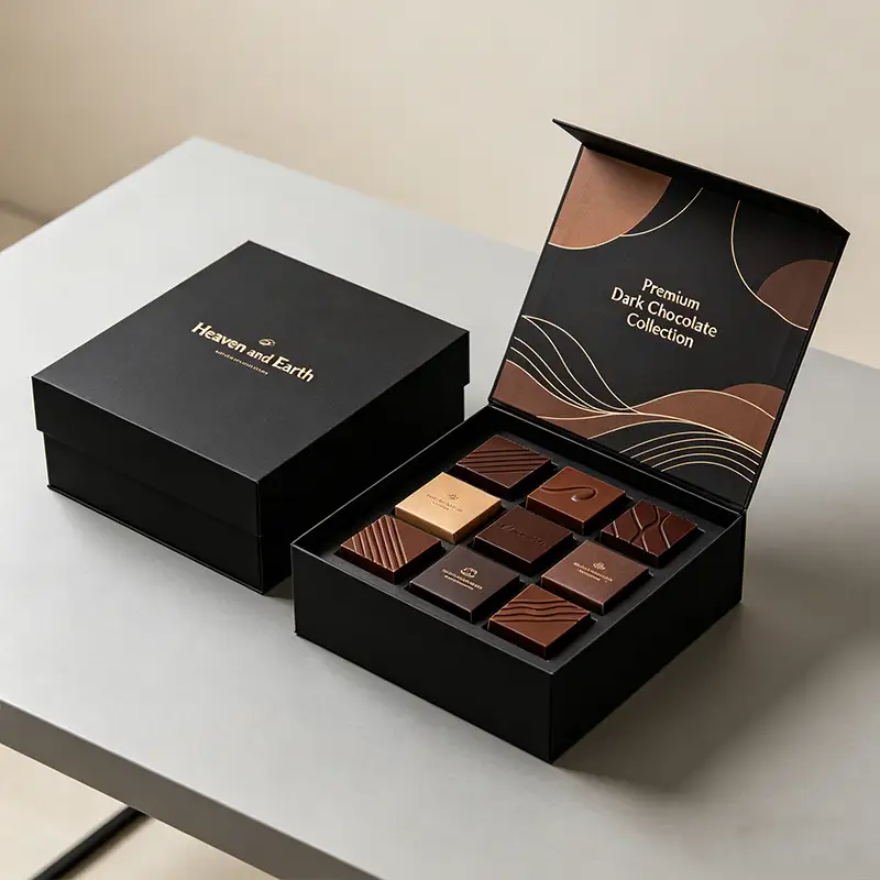 Custom Logo Pattern Recyclable Square Cardboard Separation Chocolates Packaging with Dividers Simple Black Chocolate Gift Box 1