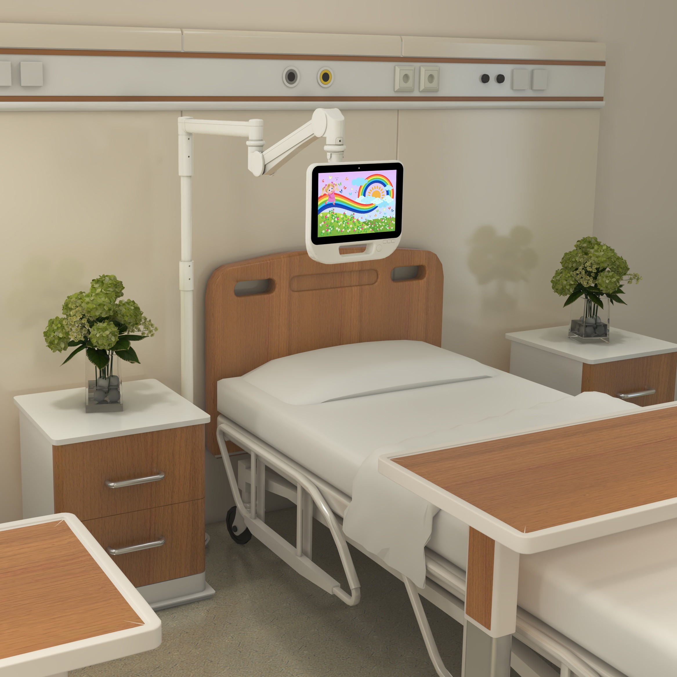Pemasangan Monitor Lantai Perubatan Aluminium Untuk Hospital Di Sebelah Katil -Peacemounts PM-500P 4