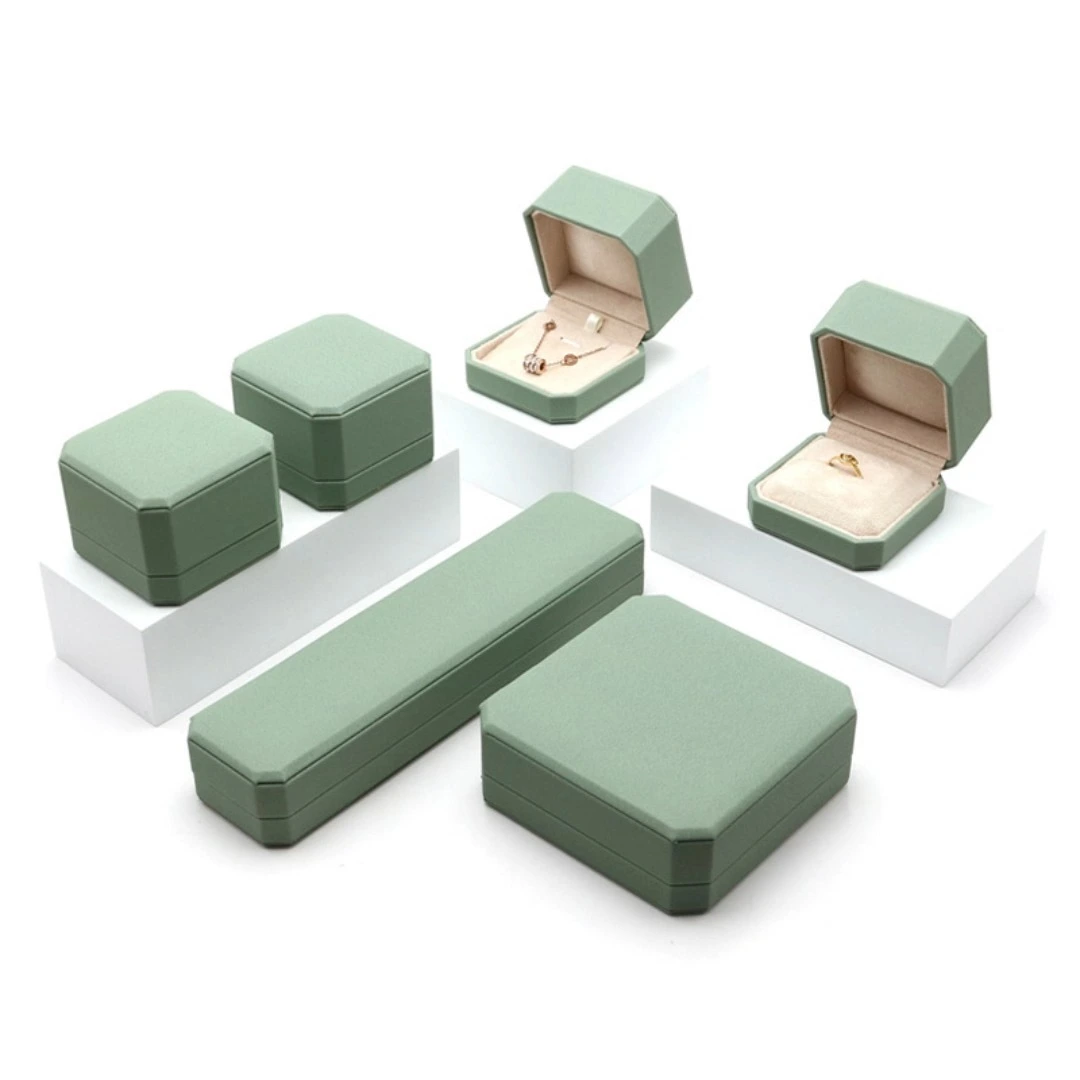 PU leather light green simple octagonal diamond ring earrings bracelet necklace jewelry storage box 1