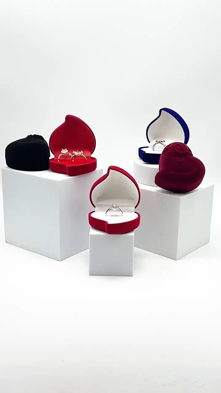Creative heart-shaped flocking rose pair ring box ring earrings jewelry gift packaging box 1