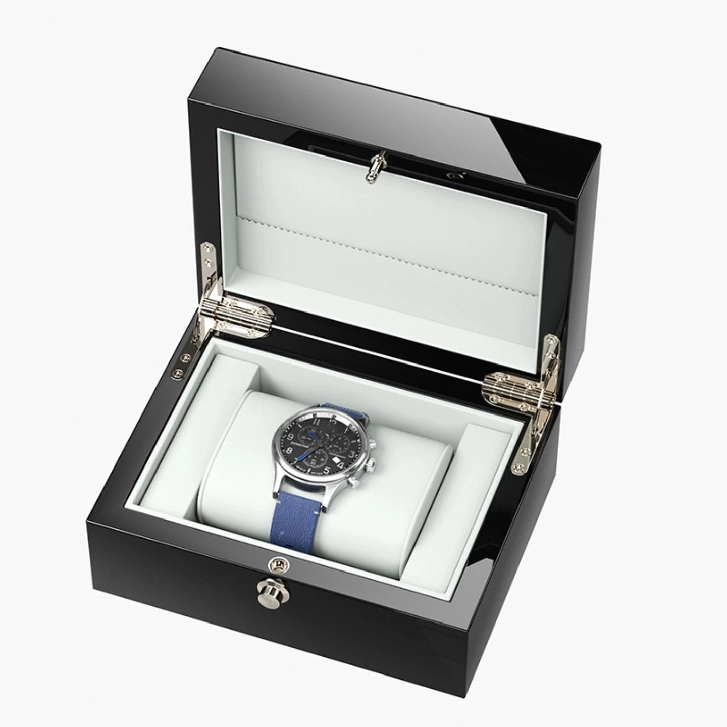 Премиальная глянцевая черная лакированная коробка для часов с круглой креативной застежкой-замком. Подарочная упаковка для часов. 1