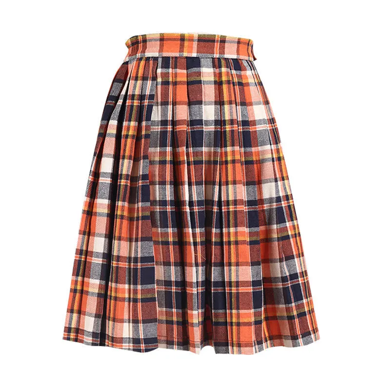 Verão casual meninas xadrez plissado laranja vestidos para meninas saia 1