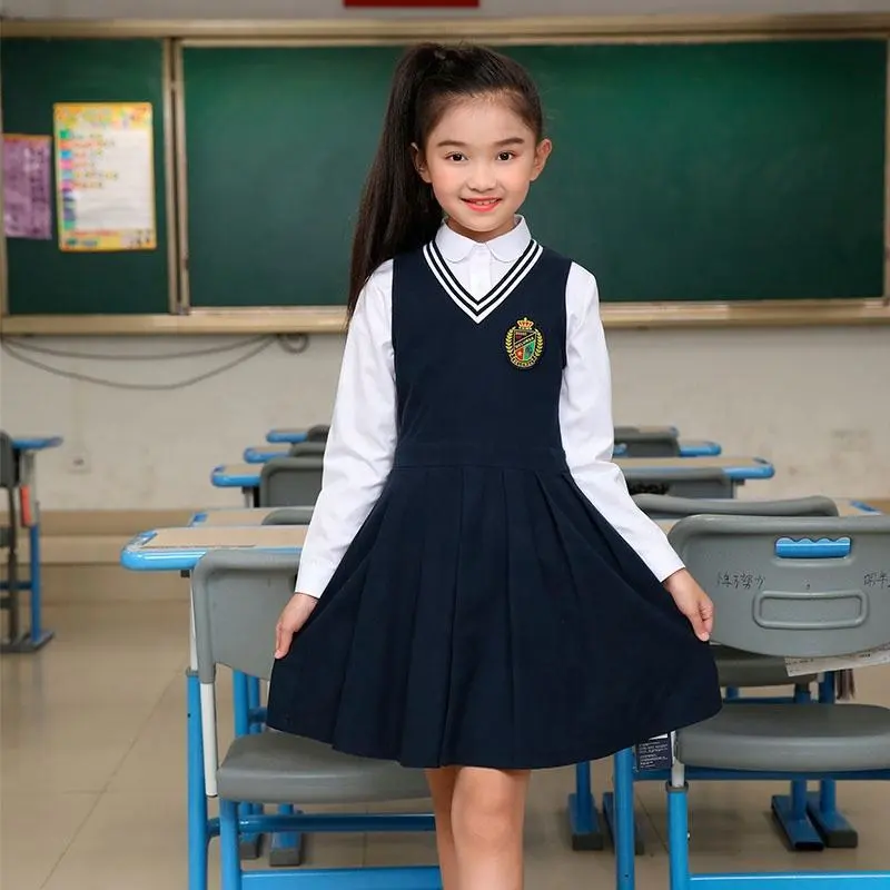 Children School Pinafore Uniforms Navy Blue Pleated Skirts For Girls 1