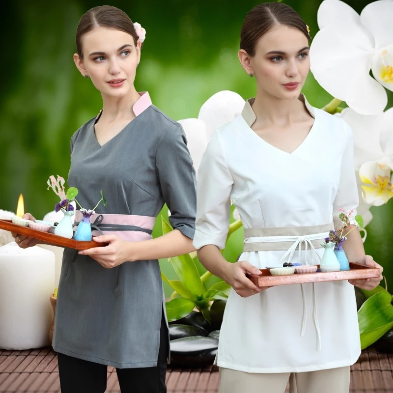 Uniformes de spa personalizados, túnica de salón de belleza para mujer con bolsillo frontal para el personal del spa 1