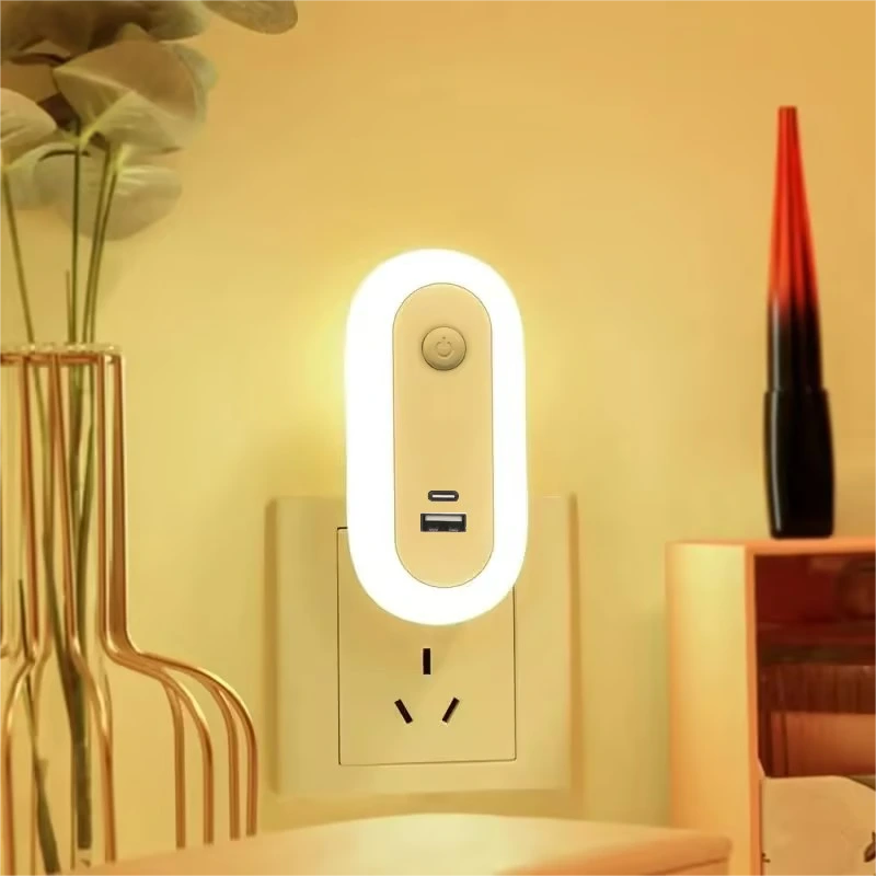 A94T USB+Type-c Charger LED Night Light Touch Sensor lamp with tricolor adjustable brightness Output 5V 2.1A 1