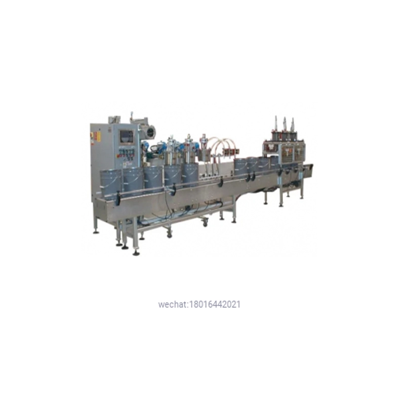 3-Head In-line Automatic Net Weight Filling & Crimp Closing Machine for Gallon to Pail Containers with DFS Fill Cart 1
