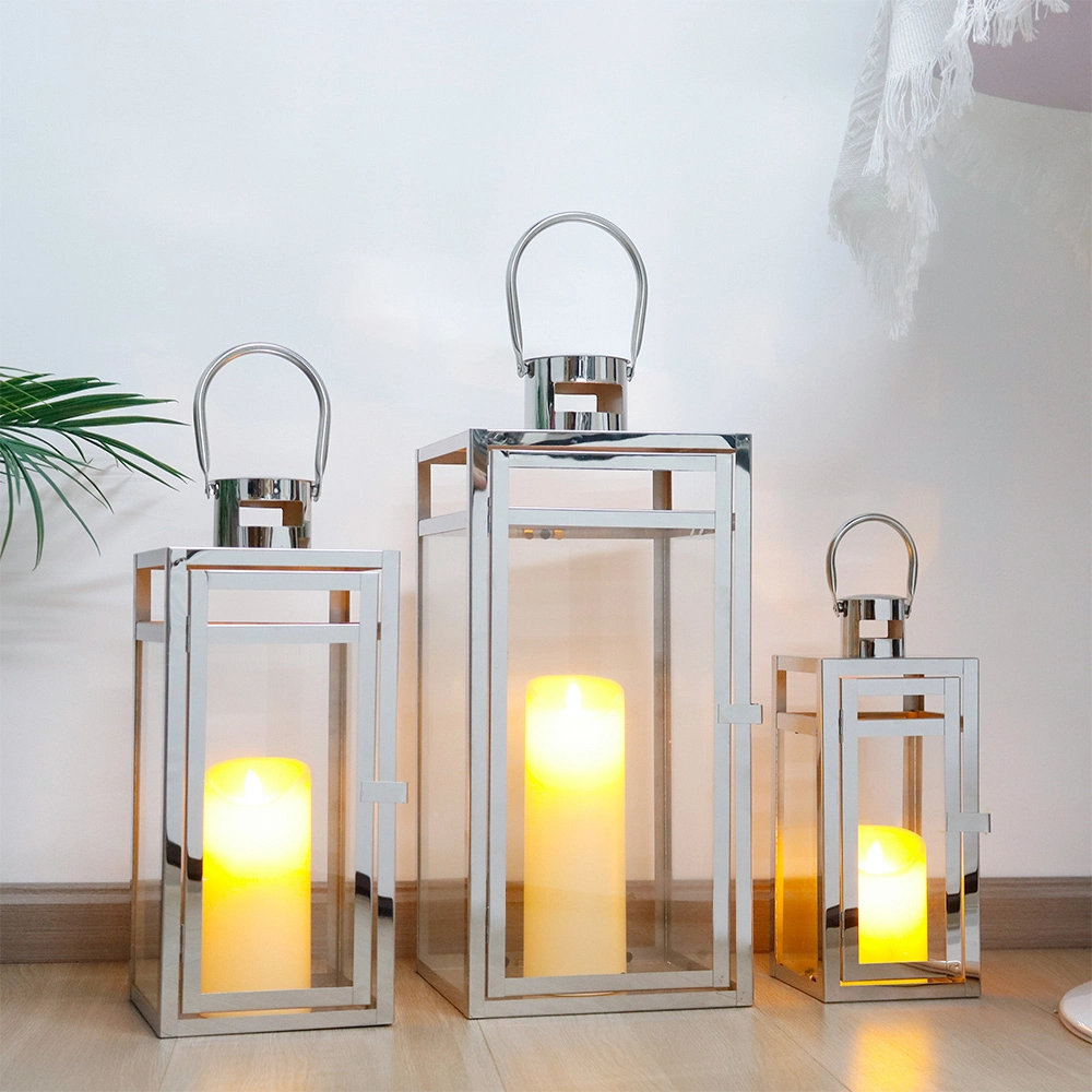 Set med 3 silver rostfritt stål ljuslykta härdat glas utomhus golv fyrkantig ljushållare -4255 1