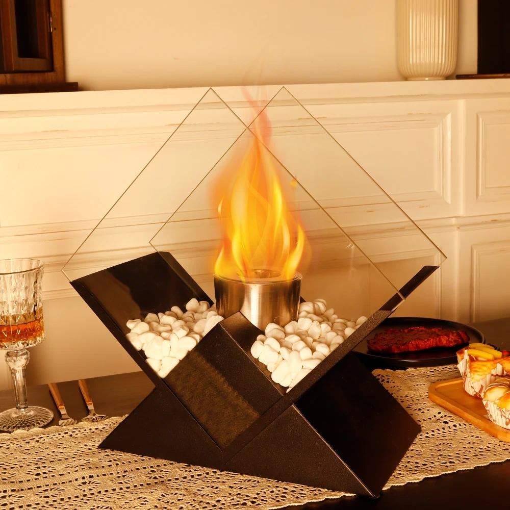 Moderner großer Tischkamin, Esstisch, dekorativer Kamin, zweiseitige Feuerstelle aus Glas für die Außenterrasse 1