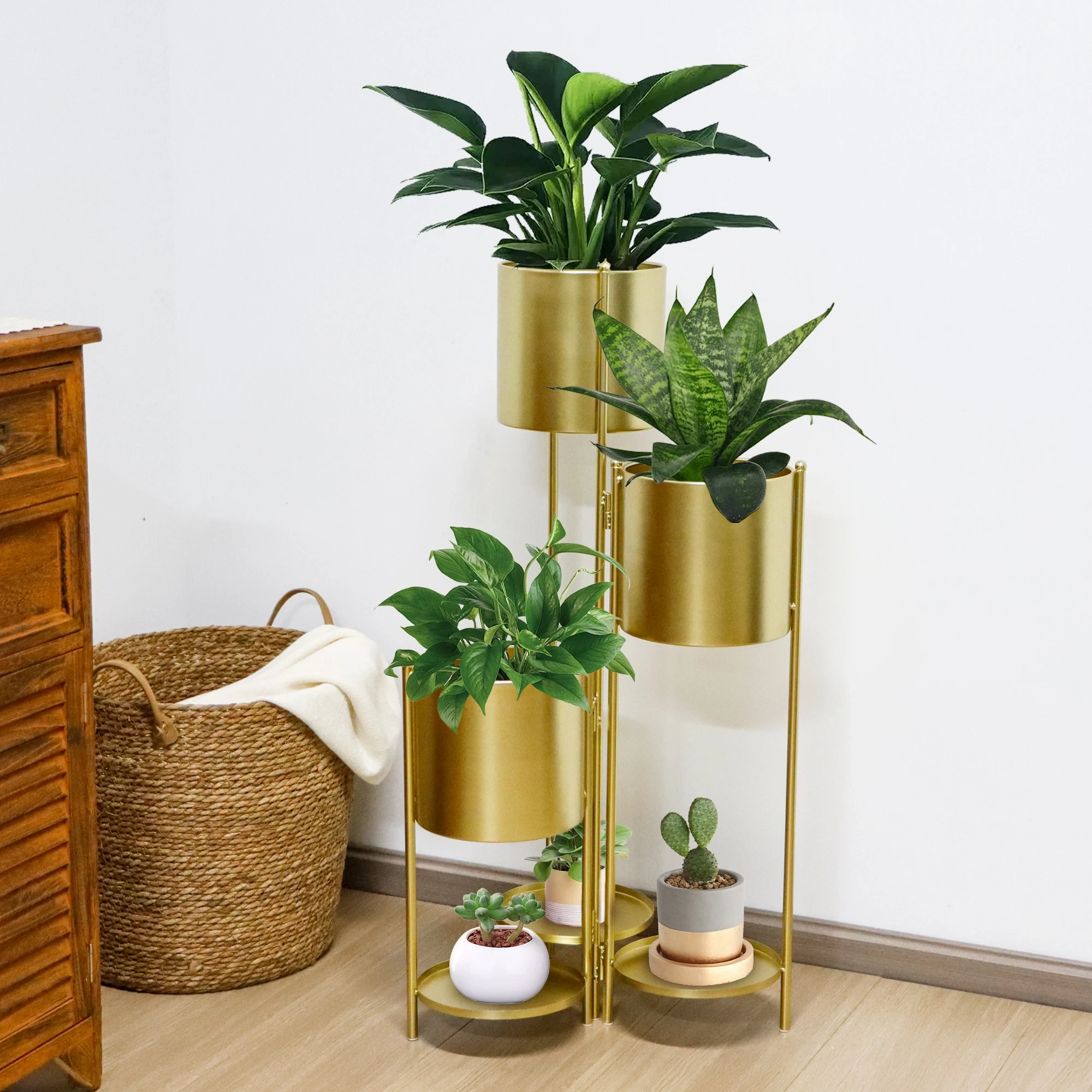 金属鉄植木鉢 3 プランタースタンド付きゴールドスタンドコーティングされた水平モダンなデザイン屋外使用家の装飾 1