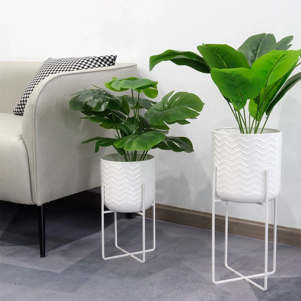 Nordic Style Mælkehvid Urtepotte Sæt med 2 Metal Plantekasse Stor Størrelse Urtepotte Med Holder 1