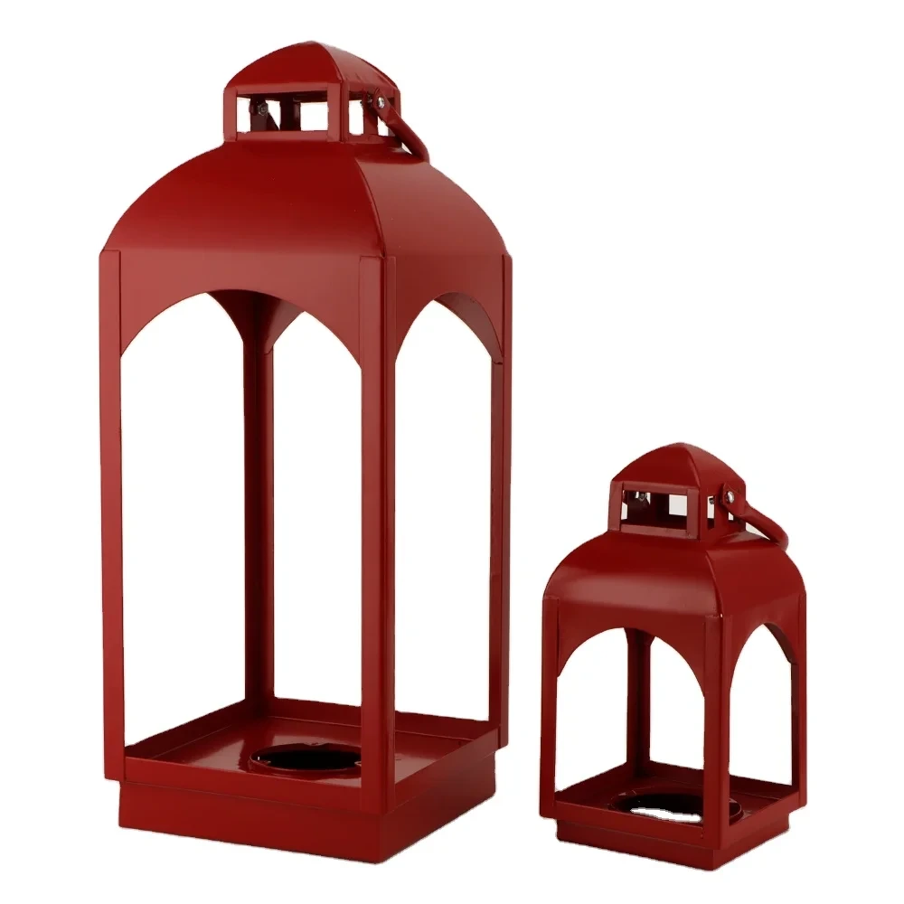 New Design Set Of 2 Antique Red Metal Candle Lanterns For Rustic Home Holiday Decor 1