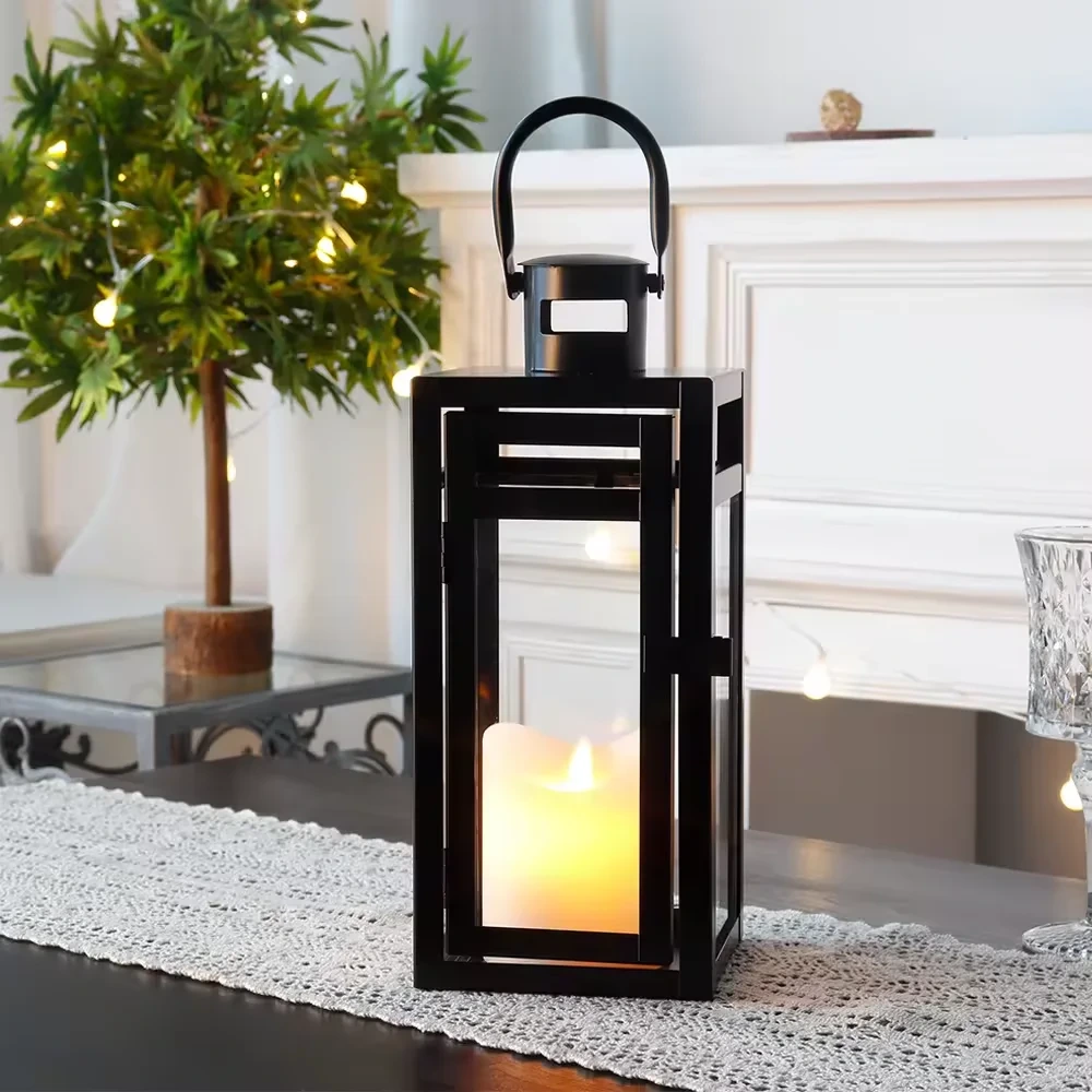 Lanterna de vela externa de metal alto de 12 '' com vidro temperado para decoração de casa de Natal 1