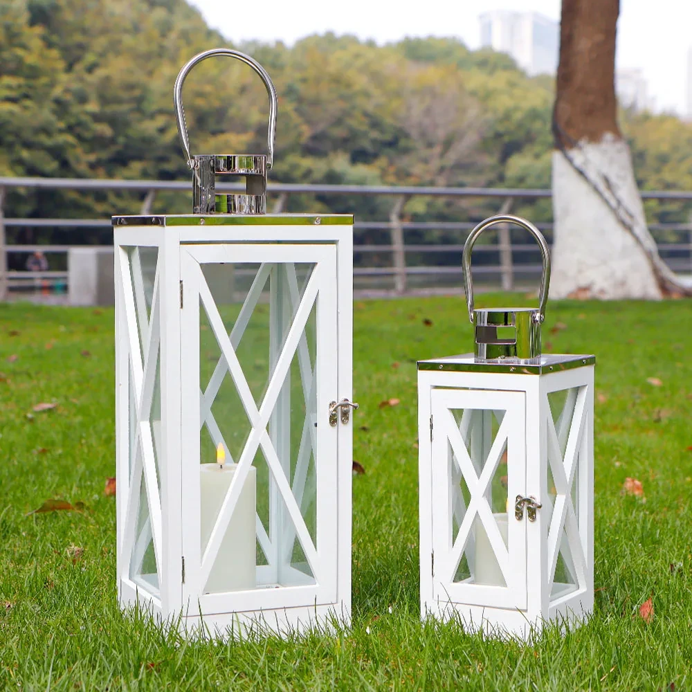 2-Pack Christmas White Wooden Square Candle Lanterns for Event Gifting 1