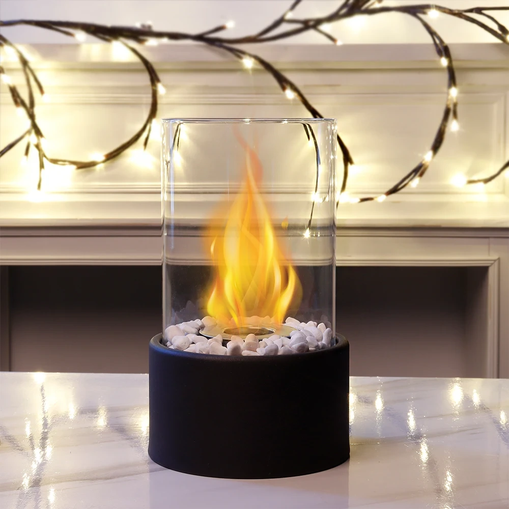 Hot Selling 10.5h Indoor Decor Bio Ethanol Fireplace Portable Glass Fireplace With Black Metal Base 1