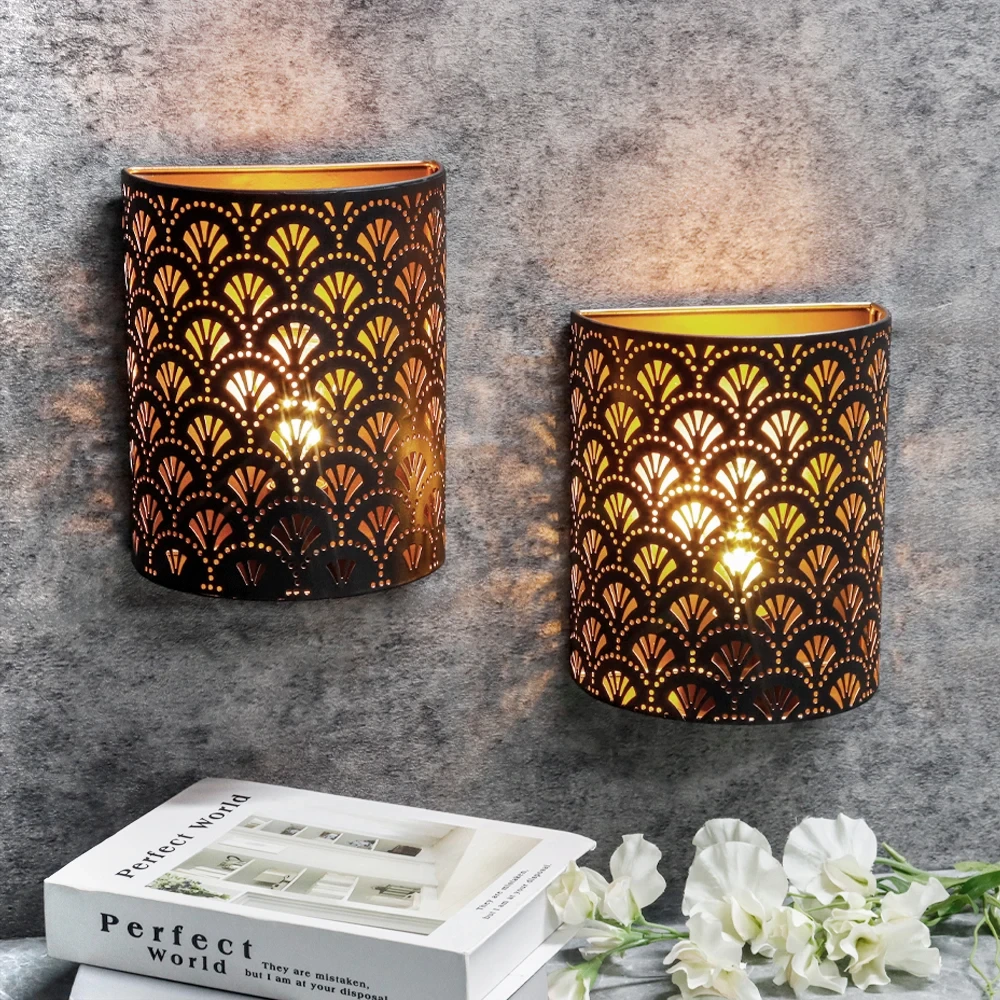 Juego de dos lámparas de pared portátiles que funcionan con pilas, luz de pared Led ahuecada Vintage, luz de pantalla de Metal Semicircular 1
