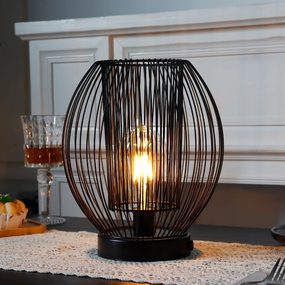 Retro Black Metal Battery Operated Bedside Lamp Free Standing Decoration Table Lamp For Bedroom And Living Room 1