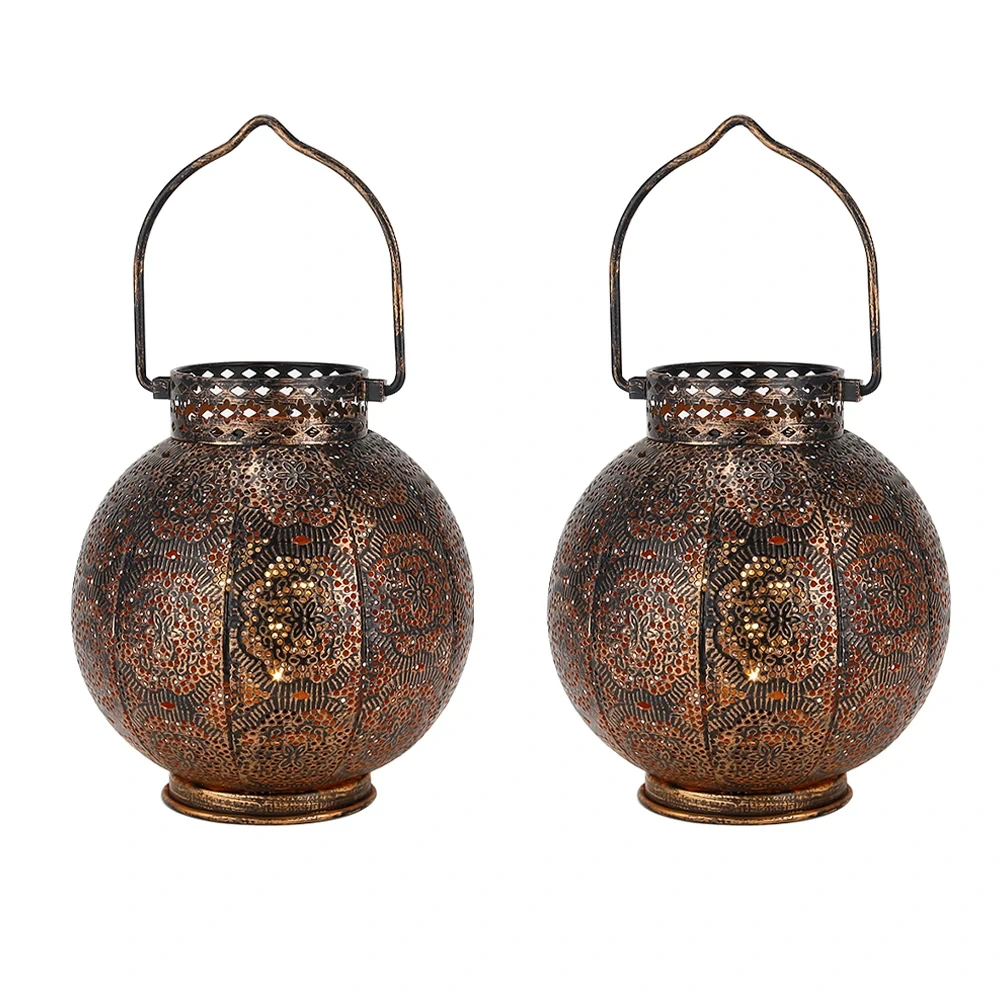 Round Hanging Hollow Led Lantern Portable Retro Black Brush Gold Battery Operated Lantern For Indoor Festival Decoration 1