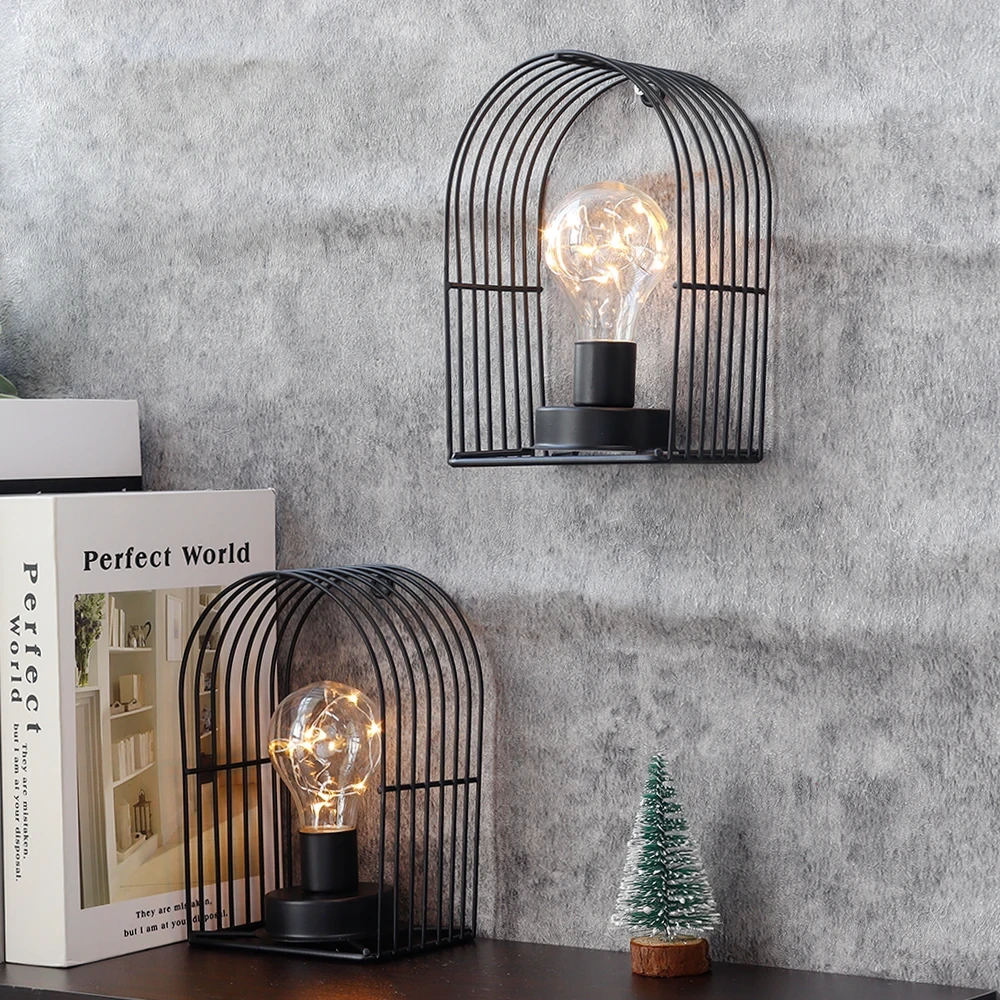 Set Of 2 Metal Led Lamp With Bulb Wall Hanging Lamp Battery Operated Light For Home Wall Decor Indoor Decoration 1