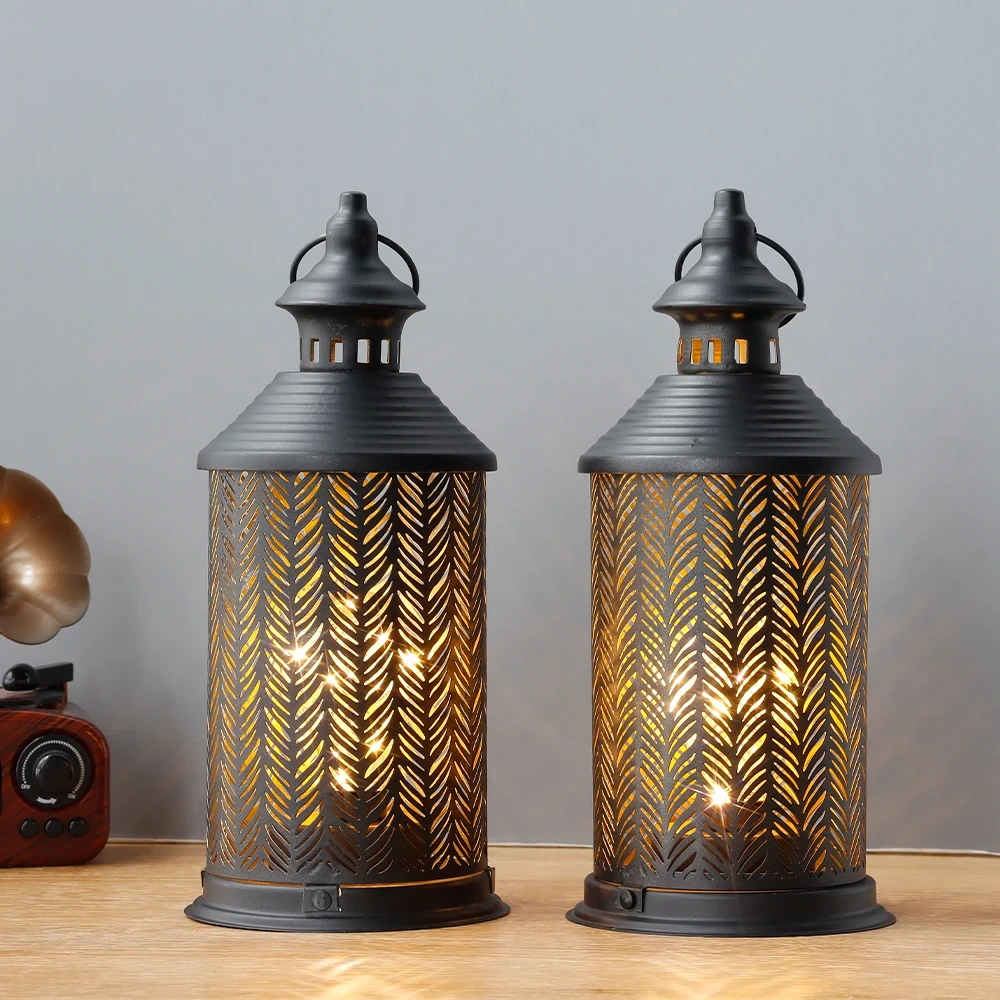 Set Of 2 Black Hanging Battery Lamp Moroccan Festival Decorative Table Lamp Cordless Iron Lantern Set 1