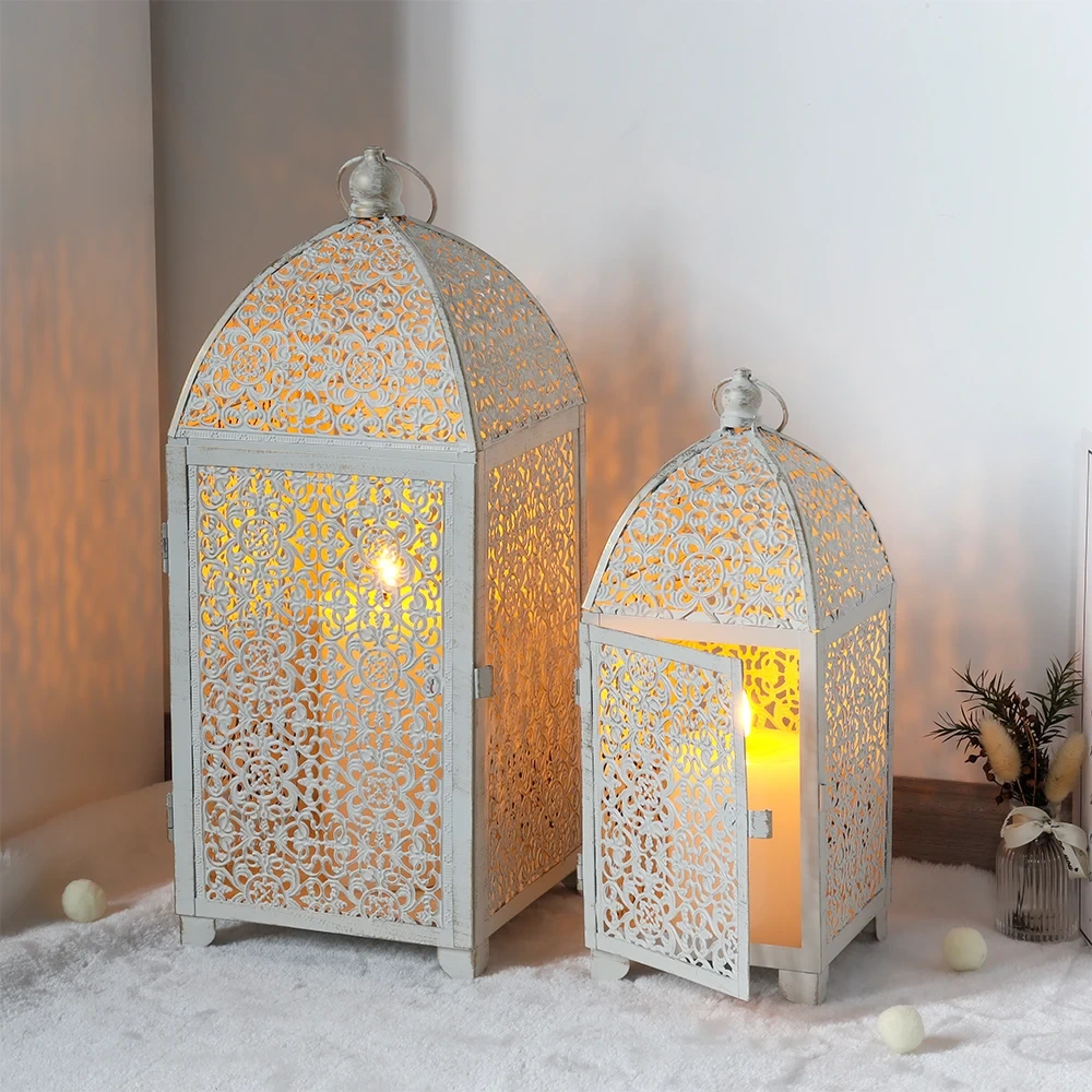 Mharacó Lanterns Miotal Bán Seanré ag Bainise na Nollag Laistigh Lasmuigh Lantern Maisiúil Lantern Crochta Inaistrithe Gan Coinnle 1