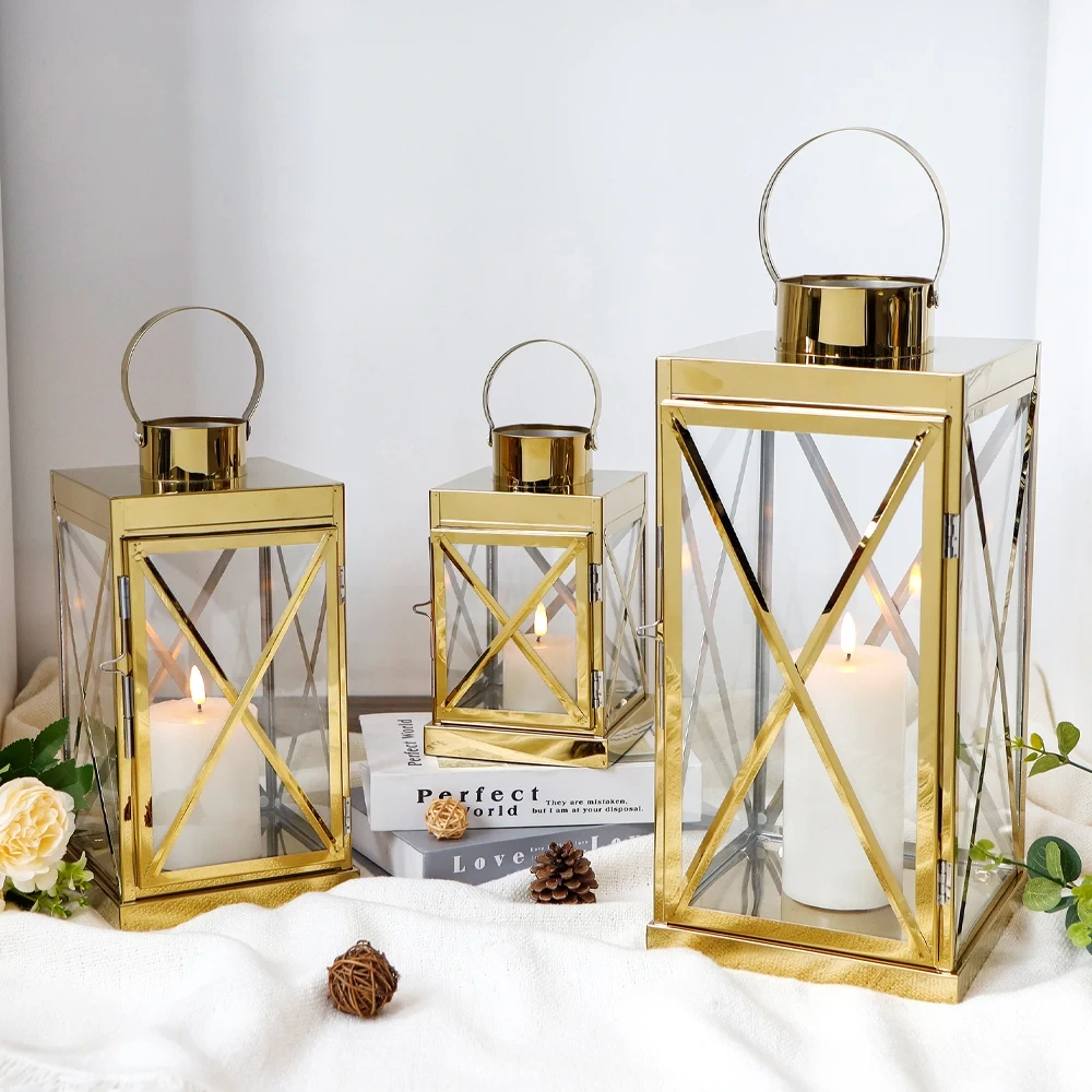 Set Of 3 Graceful Gold Candle Lanterns Metal For Centerpiece Wedding Decoration 1