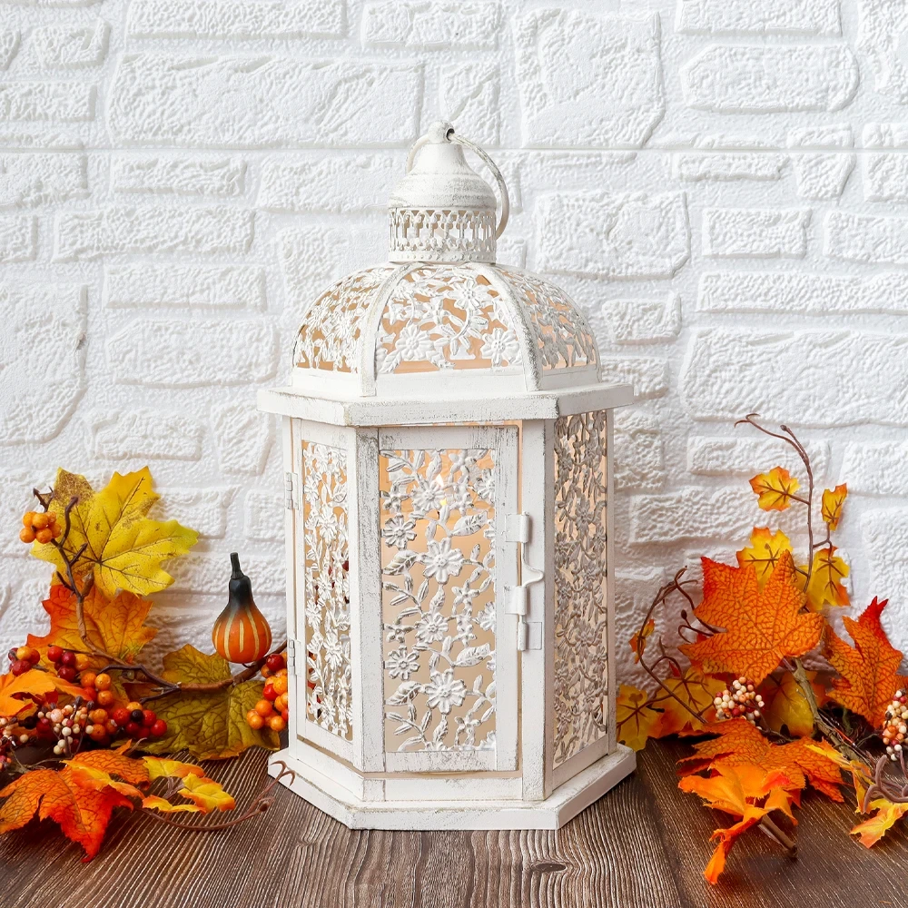 Lanternă marocană cu design de flori, lanternă hexagonală din fier, potrivită pentru decorarea casei de nuntă 1