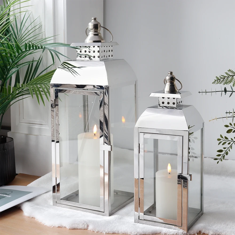 Silberfarbenes Laternen-Set aus Edelstahl für Weihnachten, großer Kerzenhalter aus Glas, für den Außenbereich, Innengarten, Hochzeit, Kerzenlaternen 1