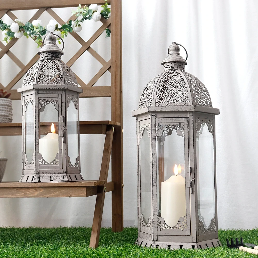 Conjunto de 2 lanternas de chão vintage cinza grande, design exclusivo vazado, atacado, lanternas de casamento, penduradas, portátil, casa de férias 1