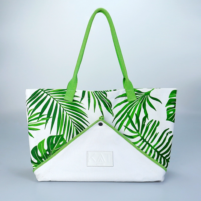 El logotipo personalizado del esquema de color verde de la moda imprimió la bolsa de asas reciclable de las compras de la lona de algodón lisa para la estera de la yoga 1
