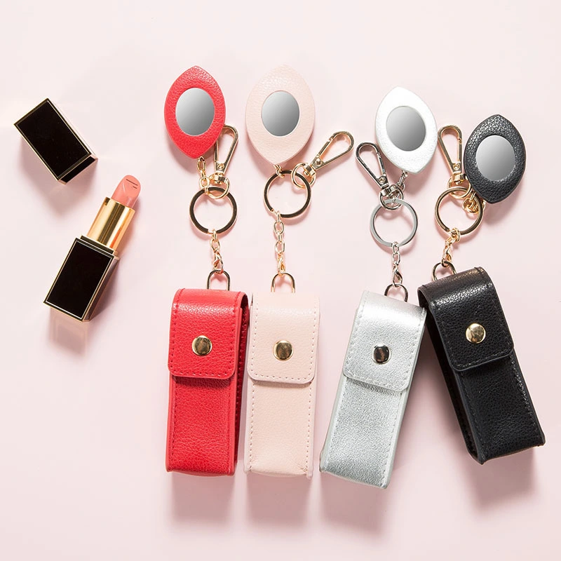Mini bolso de cuero para lápiz labial, bolsa de maquillaje con espejo, bolsa de almacenamiento para lápiz labial, funda protectora para lápiz labial 1
