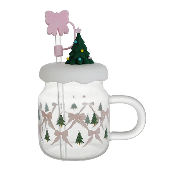 برطمان زجاجي سعة 450 مل مع غطاء سيليكون وقشة عيد الميلاد 1