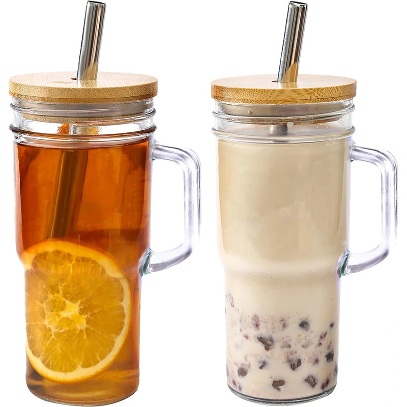 Copo de vidro de 20 onças com palha e tampa de bambu para bebidas de cerveja, canudos, copos de chá de leite e balde de gelo com alça 1