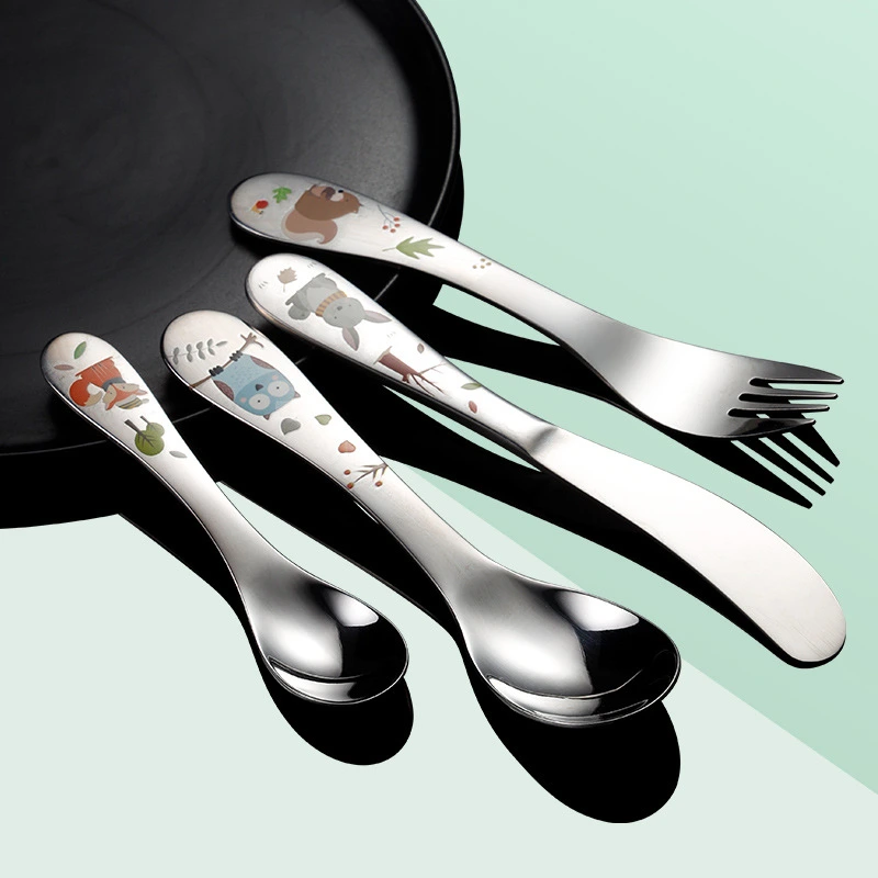 304 stainless steel children's tableware 4-piece cartoon pattern baked flower color animal cutlery spoon set 1