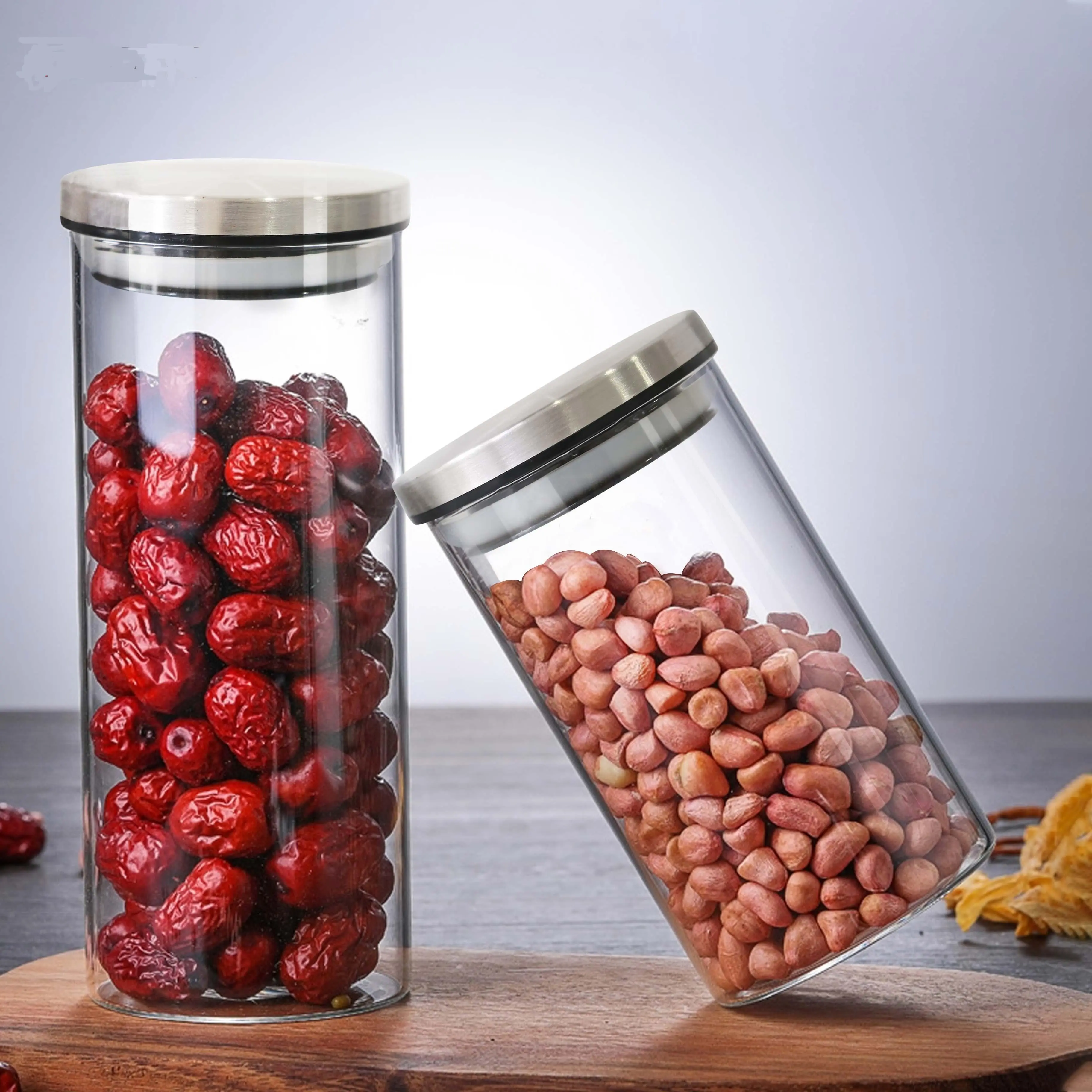Kanister Borosilikat Jelas dengan Satu Klik Buka/Kunci Penutup Keluli Tahan Karat Balang Kaca Bulat untuk Hiasan Rumah Balang Kaca 500ml 1