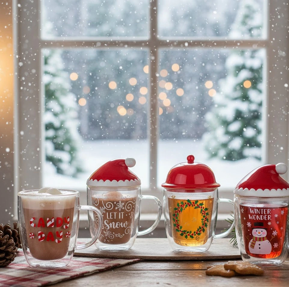 Kapaklı Noel Şapkası Şeklinde Cam Kupa 340ml 1