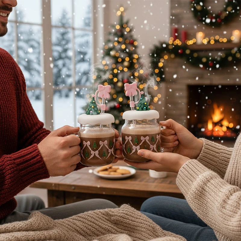 450 ml glazen pot met siliconen deksel en rietje XMAS 1