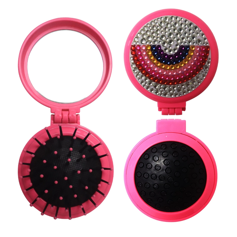 Cepillo de pelo plástico rojo color de rosa redondo plegable bling brillante de la etiqueta privada con el espejo 1
