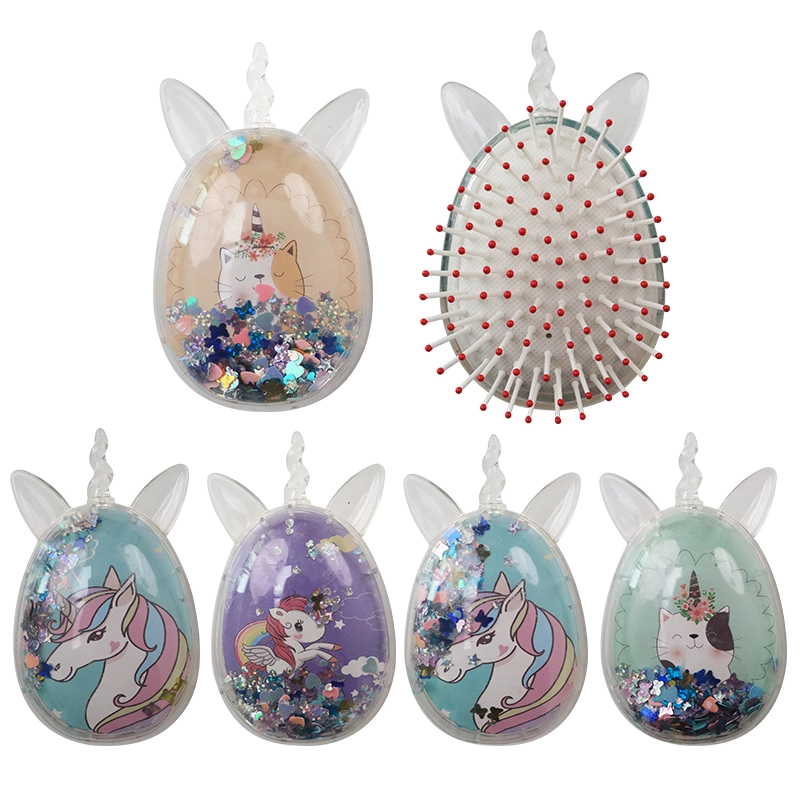 New fashion egg shape plastic detangling hair brush small mini comb unicorn bling kids hair brush 1