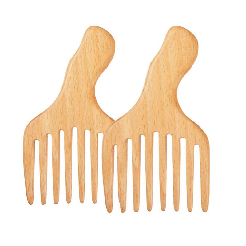 Custom Logo High Quality Natural Beech Wood Afro Comb Wide Tooth Hair Pick Comb With Handle 1
