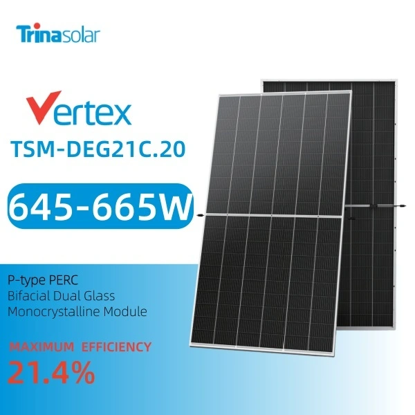 Painel solar monocristalino de vidro duplo bifacial PERC tipo P Trina Vertex TSM-DEG21C.20 665 W 1