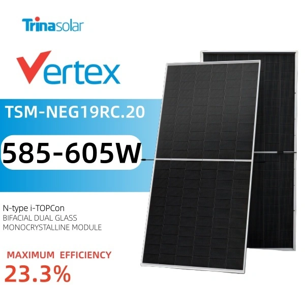 Painéis fotovoltaicos monocristalinos de vidro duplo bifacial PERC tipo P Trina Solar Vertex TSM-DEG20C.20 605 W 1