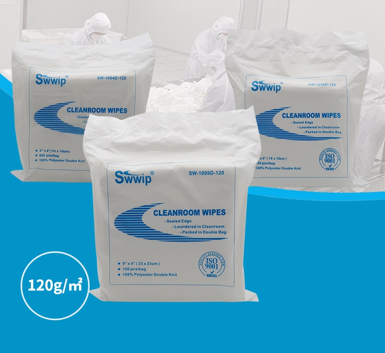 Essuieur de salle de nettoyage en polyester 120g / m2 Classe 1000 4 pouces 6 pouces 9 pouces Joint laser 1
