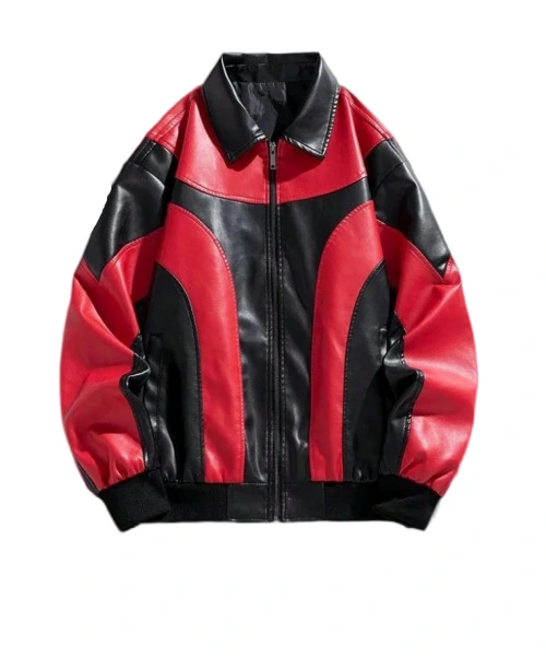 Men's Contrast Color Block Sports PU Leather Coat 1