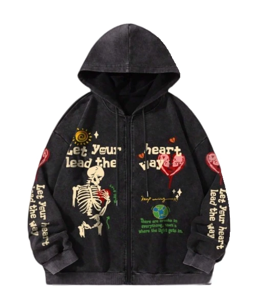 Men's Washed Slogan Skull Print Stand Collar Zippered Long Sleeve Hoodie Sweatshirt, Autumn 1