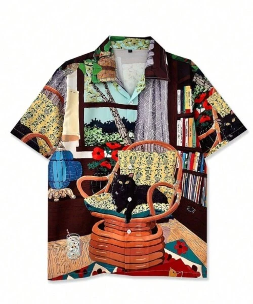 Men's Four-Way Stretch Printed Shirt With Black Cat Oil Painting Pattern, Casual Style For Home Office Relaxation 1